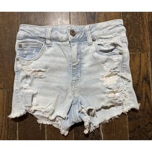 American Eagle Denim Jean Shorts Size 2 Light Wash High Rise Distressed Cutoff
